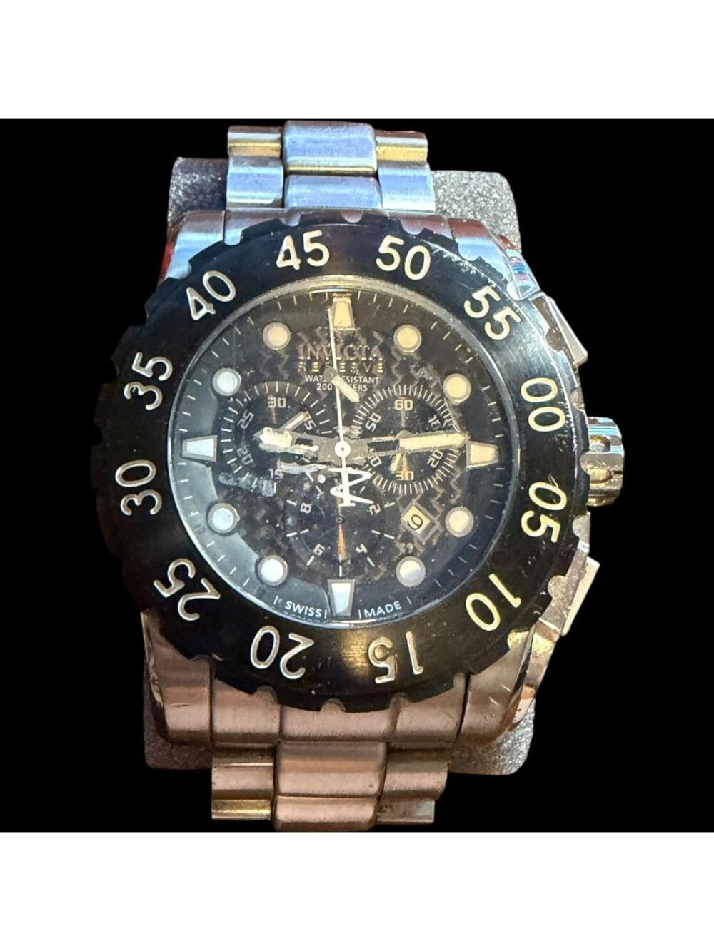 Invicta Reserve Mens Stainless Steel Chronograph Watch Black Bezel Swiss Made